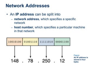 Network Addresses
• An IP address can be split into
– network address, which specifies a specific
network
– host number, which specifies a particular machine
in that network
Figure
An IP address is
stored in four
bytes
 