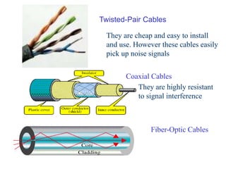 9
Coaxial Cables
Twisted-Pair Cables
Fiber-Optic Cables
They are cheap and easy to install
and use. However these cables easily
pick up noise signals
They are highly resistant
to signal interference
 