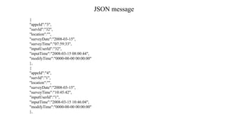 JSON message
{
"appeId":"3",
"survId":"32",
"location":"",
"surveyDate":"2008-03-15",
"surveyTime":"07:59:33",
"inputUserId":"32",
"inputTime":"2008-03-15 08:00:44",
"modifyTime":"0000-00-00 00:00:00"
},
{
"appeId":"4",
"survId":"1",
"location":"",
"surveyDate":"2008-03-15",
"surveyTime":"10:45:42",
"inputUserId":"1",
"inputTime":"2008-03-15 10:46:04",
"modifyTime":"0000-00-00 00:00:00"
},
 