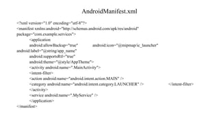 AndroidManifest.xml
<?xml version="1.0" encoding="utf-8"?>
<manifest xmlns:android="http://schemas.android.com/apk/res/android"
package="com.example.services">
<application
android:allowBackup="true" android:icon="@mipmap/ic_launcher"
android:label="@string/app_name"
android:supportsRtl="true"
android:theme="@style/AppTheme">
<activity android:name=".MainActivity">
<intent-filter>
<action android:name="android.intent.action.MAIN" />
<category android:name="android.intent.category.LAUNCHER" /> </intent-filter>
</activity>
<service android:name=".MyService" />
</application>
</manifest>
 