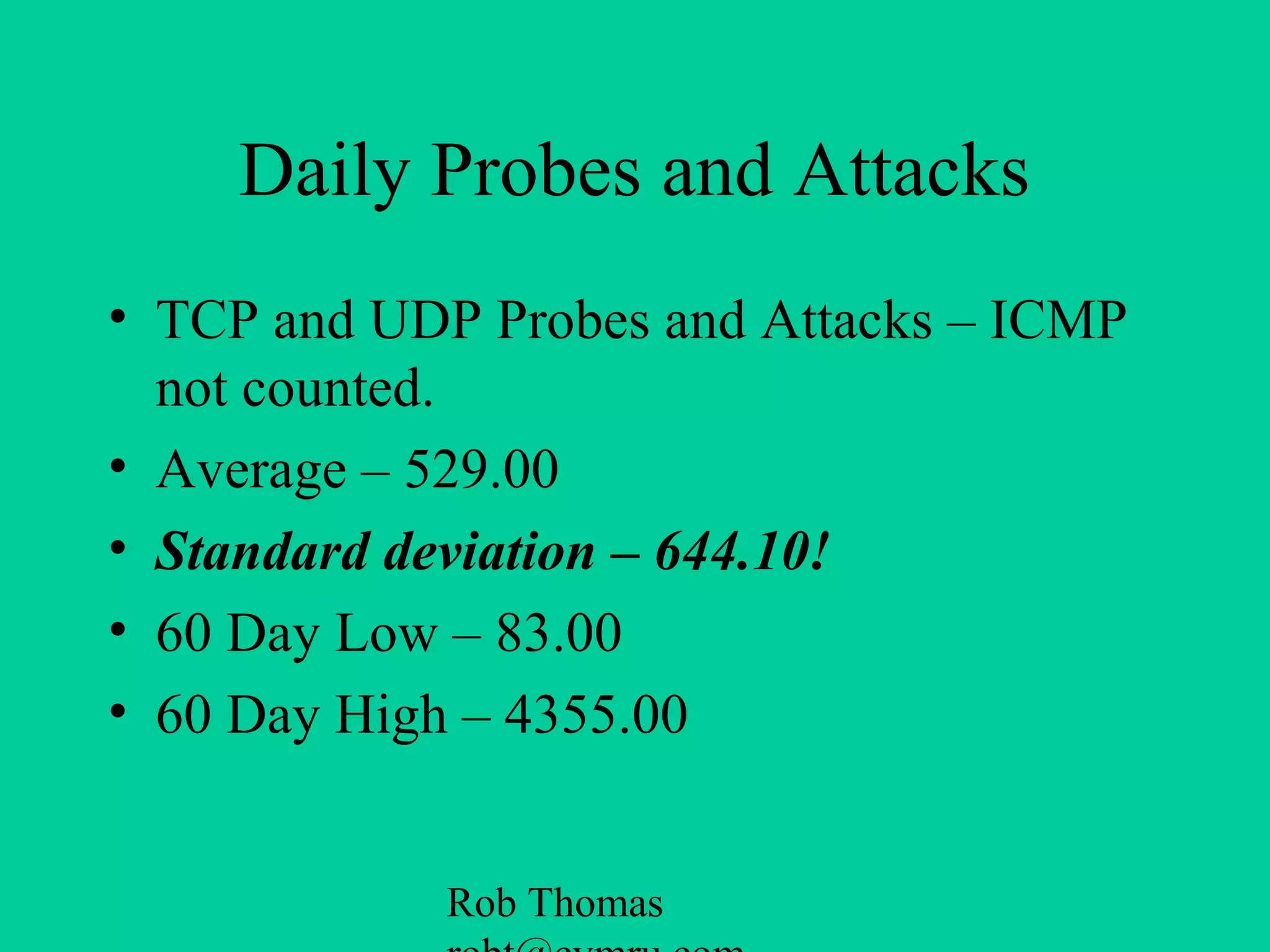 Rob Thomas
Daily Probes and Attacks
• TCP and UDP Probes and Attacks – ICMP
not counted.
• Average – 529.00
• Standard deviation – 644.10!
• 60 Day Low – 83.00
• 60 Day High – 4355.00
 