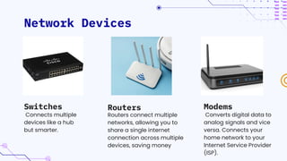 Network Devices
Connects multiple
devices like a hub
but smarter.
Routers connect multiple
networks, allowing you to
share a single internet
connection across multiple
devices, saving money
Modems
Switches Routers
Converts digital data to
analog signals and vice
versa. Connects your
home network to your
Internet Service Provider
(ISP).
 