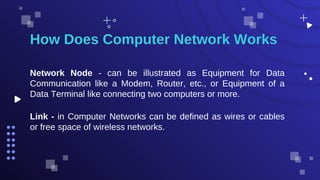 How Does Computer Network Works
Network Node - can be illustrated as Equipment for Data
Communication like a Modem, Router, etc., or Equipment of a
Data Terminal like connecting two computers or more.
Link - in Computer Networks can be defined as wires or cables
or free space of wireless networks.
 