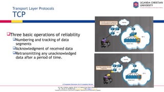A Complete Education for A Complete Person
P.O. Box 4, Mukono, Uganda, Plot 67-173, Bishop Tucker Road, Mukono Hill
Tel: +256 (0) 312 350 800 Email: info@ucu.ac.ug Web: https://ucu.ac.ug
Founded by the Province of the Church of Uganda. Chartered by the Government of Uganda
Transport Layer Protocols
TCP
Three basic operations of reliability
Numbering and tracking of data
segments
Acknowledgment of received data
Retransmitting any unacknowledged
data after a period of time.
 