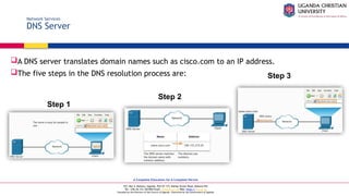 A Complete Education for A Complete Person
P.O. Box 4, Mukono, Uganda, Plot 67-173, Bishop Tucker Road, Mukono Hill
Tel: +256 (0) 312 350 800 Email: info@ucu.ac.ug Web: https://ucu.ac.ug
Founded by the Province of the Church of Uganda. Chartered by the Government of Uganda
Network Services
DNS Server
A DNS server translates domain names such as cisco.com to an IP address.
The five steps in the DNS resolution process are:
Step 1
Step 2
Step 3
 