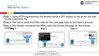 A Complete Education for A Complete Person
P.O. Box 4, Mukono, Uganda, Plot 67-173, Bishop Tucker Road, Mukono Hill
Tel: +256 (0) 312 350 800 Email: info@ucu.ac.ug Web: https://ucu.ac.ug
Founded by the Province of the Church of Uganda. Chartered by the Government of Uganda
Network Services
Web Server (Cont.)
Step 1: Using HTTP requirements, the browser sends a GET request to the server and asks
for the index.html file.
Step 2: The server sends the HTML code for this web page back to the client’s browser.
Step 3: The browser interprets the HTML code and formats the page for the browser
window.
Step 1 Step 2 Step 3
 