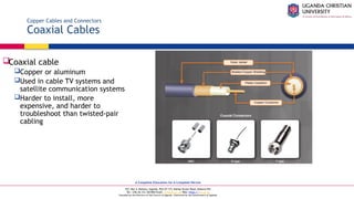 A Complete Education for A Complete Person
P.O. Box 4, Mukono, Uganda, Plot 67-173, Bishop Tucker Road, Mukono Hill
Tel: +256 (0) 312 350 800 Email: info@ucu.ac.ug Web: https://ucu.ac.ug
Founded by the Province of the Church of Uganda. Chartered by the Government of Uganda
Copper Cables and Connectors
Coaxial Cables
Coaxial cable
Copper or aluminum
Used in cable TV systems and
satellite communication systems
Harder to install, more
expensive, and harder to
troubleshoot than twisted-pair
cabling
 