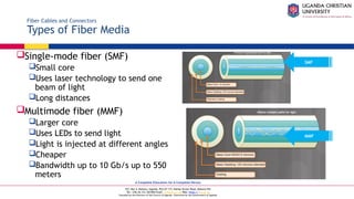 A Complete Education for A Complete Person
P.O. Box 4, Mukono, Uganda, Plot 67-173, Bishop Tucker Road, Mukono Hill
Tel: +256 (0) 312 350 800 Email: info@ucu.ac.ug Web: https://ucu.ac.ug
Founded by the Province of the Church of Uganda. Chartered by the Government of Uganda
Fiber Cables and Connectors
Types of Fiber Media
Single-mode fiber (SMF)
Small core
Uses laser technology to send one
beam of light
Long distances
Multimode fiber (MMF)
Larger core
Uses LEDs to send light
Light is injected at different angles
Cheaper
Bandwidth up to 10 Gb/s up to 550
meters
SMF
MMF
 