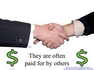 They are often
paid for by others
Information compiled by the GradSchools.com team.
Find and Take Advantage of Opportunities in Graduate School

 