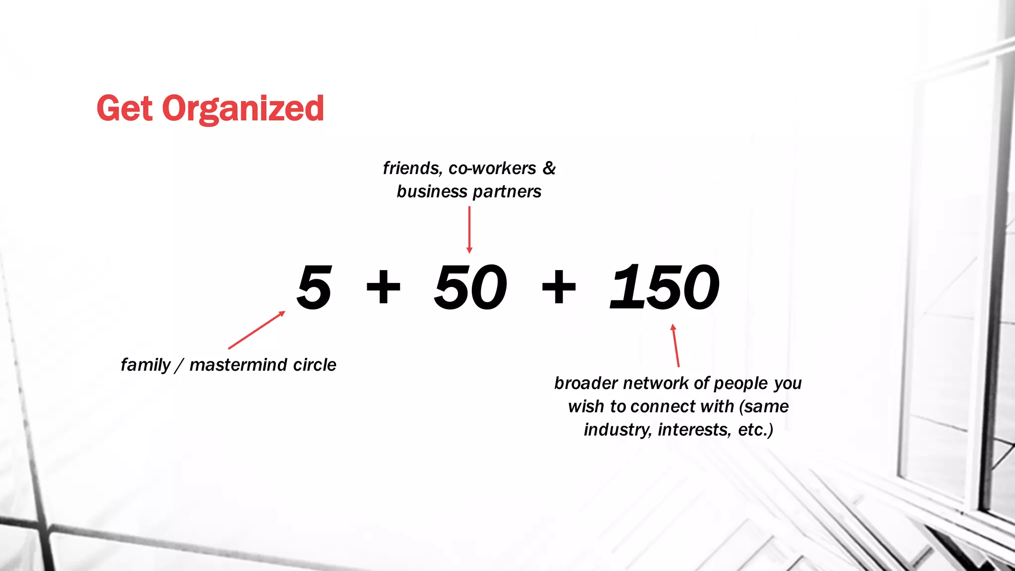 Get Organized
5 + 50 + 150
family / mastermind circle
friends, co-workers &
business partners
broader network of people you
wish to connect with (same
industry, interests, etc.)
 