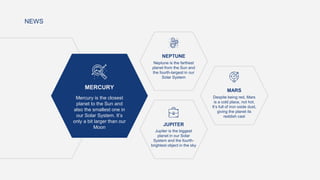 NEWS
MERCURY
Mercury is the closest
planet to the Sun and
also the smallest one in
our Solar System. It’s
only a bit larger than our
Moon
JUPITER
Jupiter is the biggest
planet in our Solar
System and the fourth-
brightest object in the sky
NEPTUNE
Neptune is the farthest
planet from the Sun and
the fourth-largest in our
Solar System
MARS
Despite being red, Mars
is a cold place, not hot.
It’s full of iron oxide dust,
giving the planet its
reddish cast
 