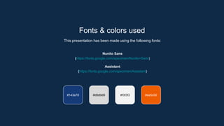 Fonts & colors used
This presentation has been made using the following fonts:
#d9d9d9 #f3f3f3 #ee5c00
#143a78
Nunito Sans
(https://fonts.google.com/specimen/Nunito+Sans)
Assistant
(https://fonts.google.com/specimen/Assistant)
 