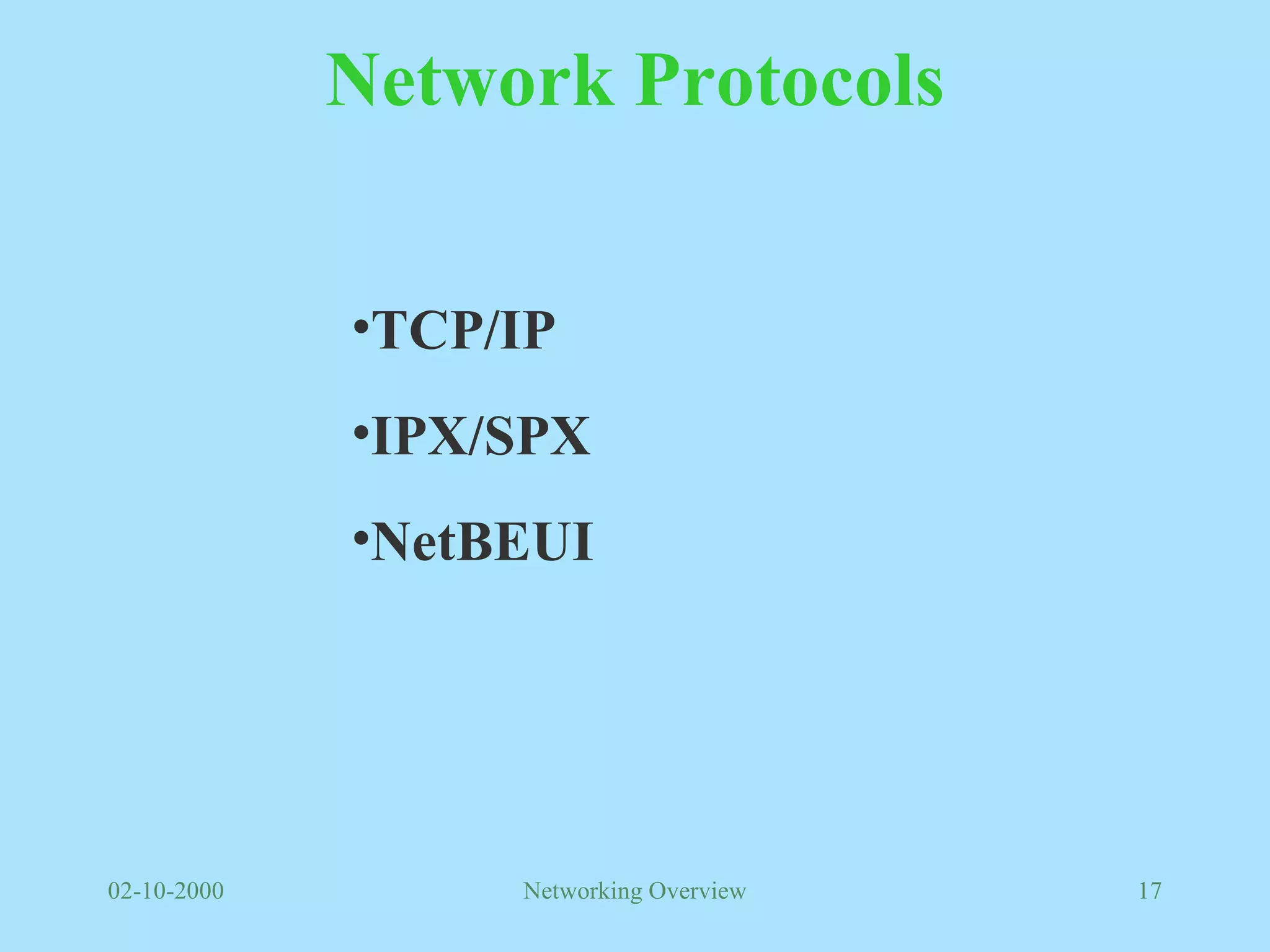 Network Protocols TCP/IP IPX/SPX NetBEUI 