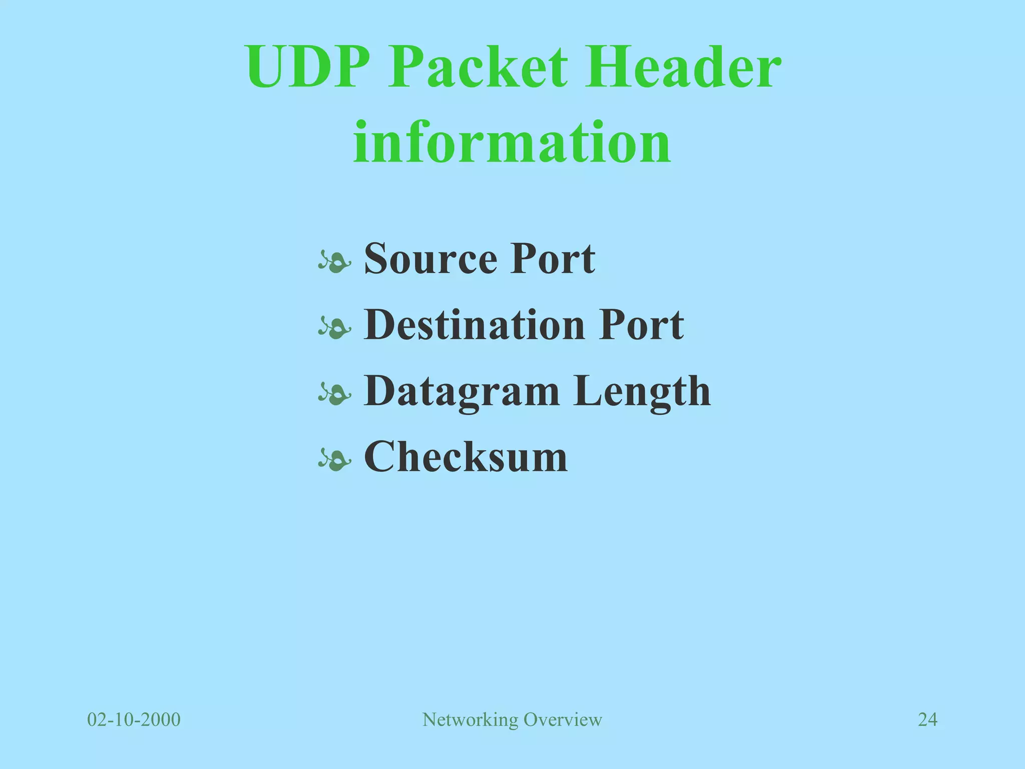 UDP Packet Header information Source Port Destination Port Datagram Length Checksum 