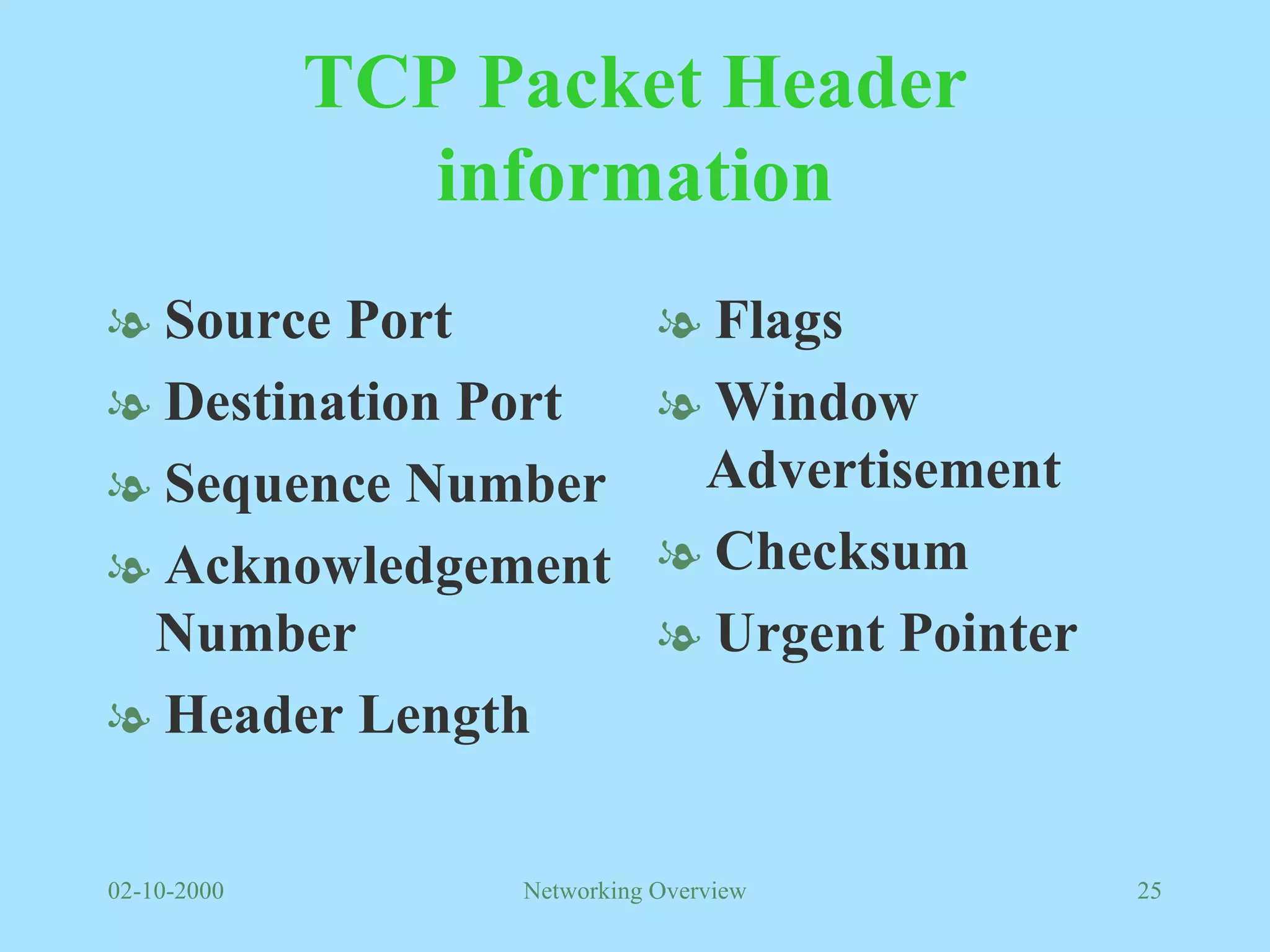 TCP Packet Header information Source Port Destination Port Sequence Number Acknowledgement Number Header Length Flags Window Advertisement Checksum Urgent Pointer 