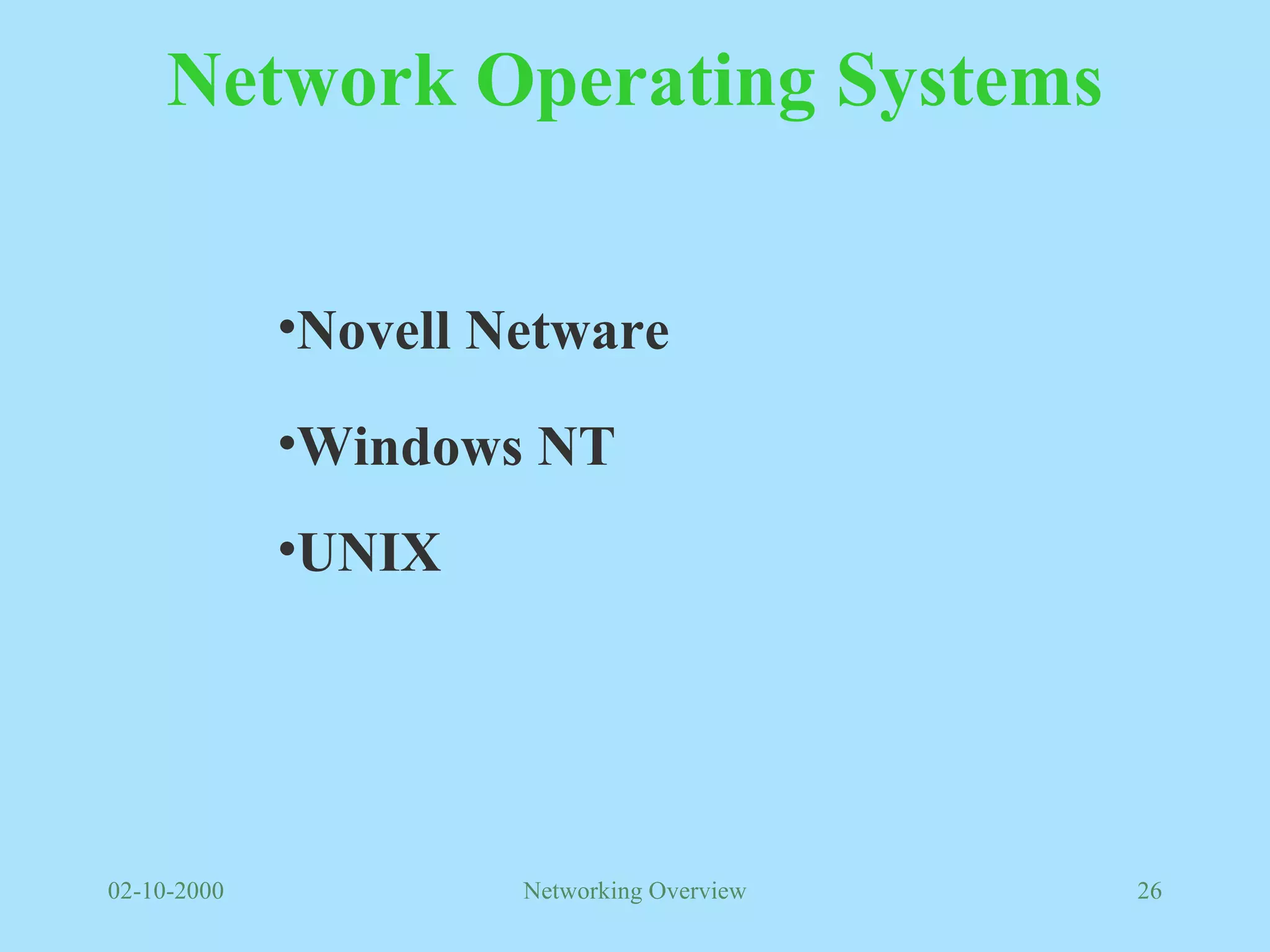 Network Operating Systems Novell Netware Windows NT UNIX 