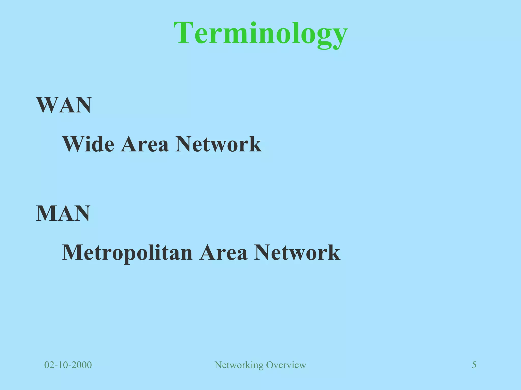 Terminology WAN Wide Area Network MAN Metropolitan Area Network 