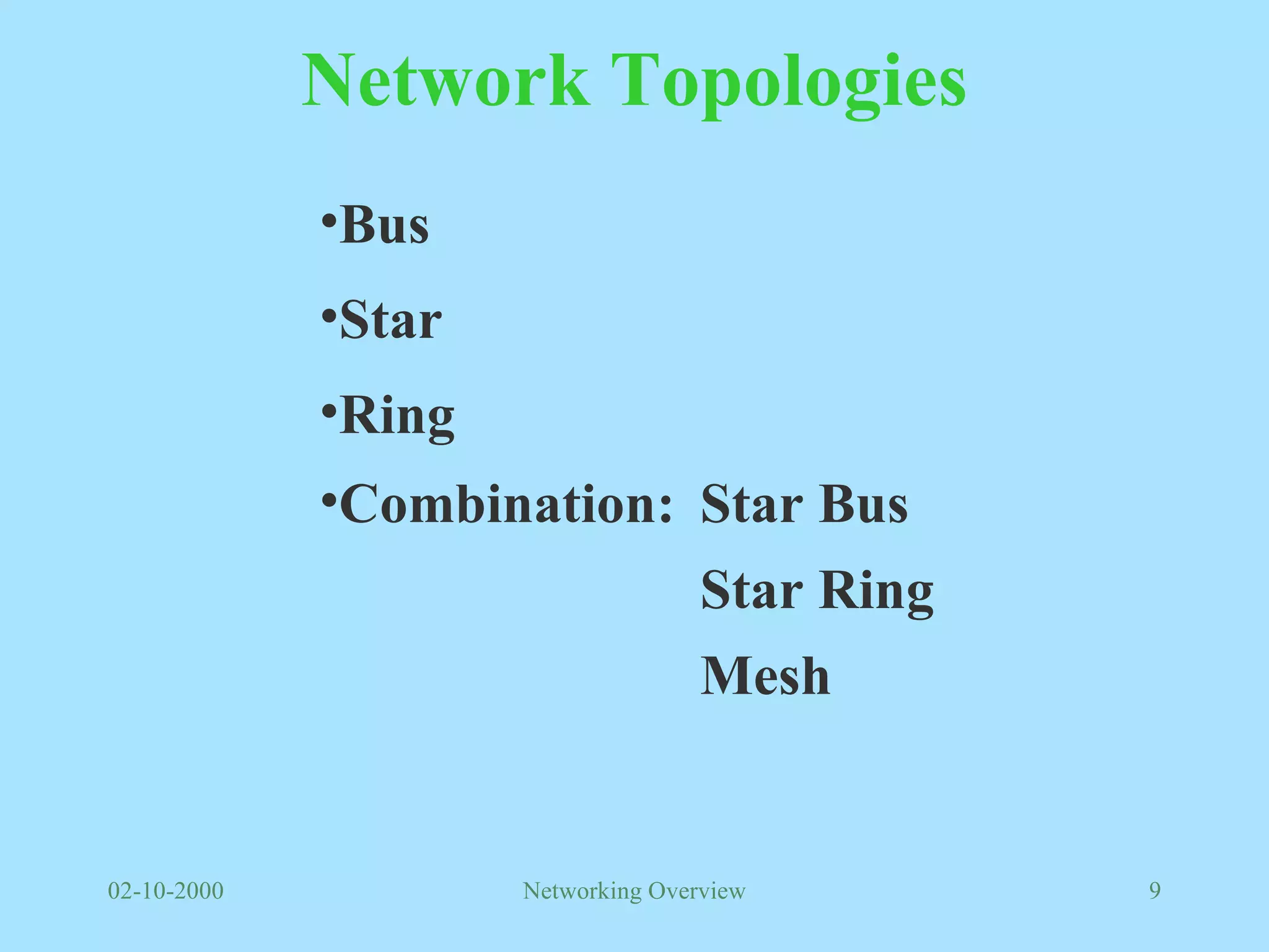 Network Topologies Bus Star Ring Combination: Star Bus Star Ring Mesh 