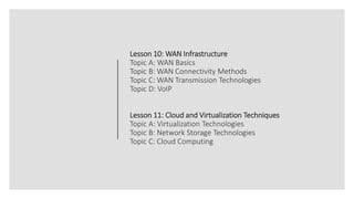 Lesson 10: WAN Infrastructure
Topic A: WAN Basics
Topic B: WAN Connectivity Methods
Topic C: WAN Transmission Technologies
Topic D: VoIP
Lesson 11: Cloud and Virtualization Techniques
Topic A: Virtualization Technologies
Topic B: Network Storage Technologies
Topic C: Cloud Computing
 