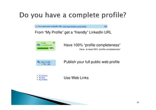 From “My Profile” get a “friendly” LinkedIn URL
Have 100% “profile completeness”
Have at least 60% “profile completeness”
20
Publish your full public web profile
Use Web Links
 
