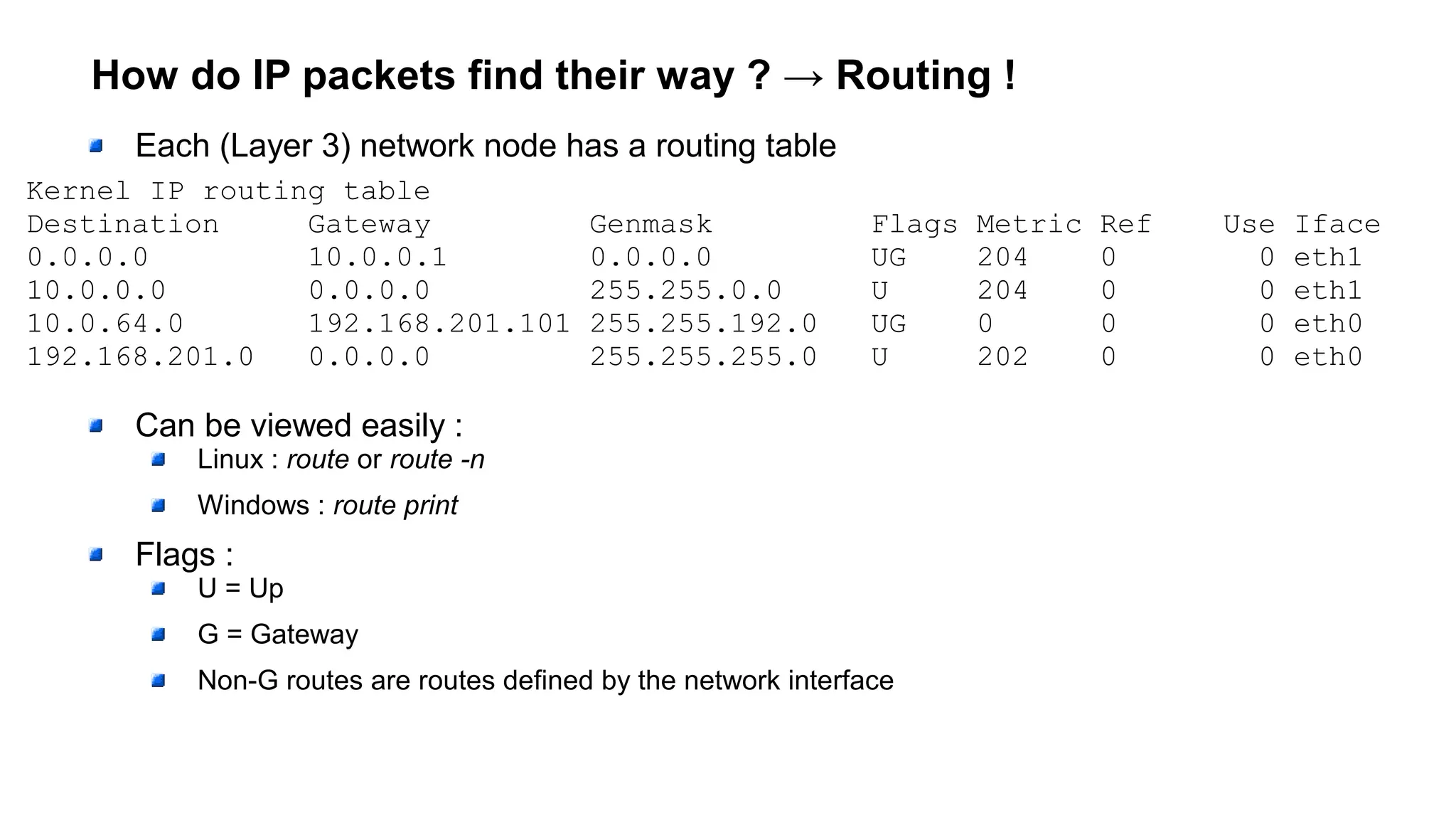 How do IP packets find their way ? → Routing !
Each (Layer 3) network node has a routing table
Can be viewed easily :
Linux : route or route -n
Windows : route print
Flags :
U = Up
G = Gateway
Non-G routes are routes defined by the network interface
Kernel IP routing table
Destination Gateway Genmask Flags Metric Ref Use Iface
0.0.0.0 10.0.0.1 0.0.0.0 UG 204 0 0 eth1
10.0.0.0 0.0.0.0 255.255.0.0 U 204 0 0 eth1
10.0.64.0 192.168.201.101 255.255.192.0 UG 0 0 0 eth0
192.168.201.0 0.0.0.0 255.255.255.0 U 202 0 0 eth0
 