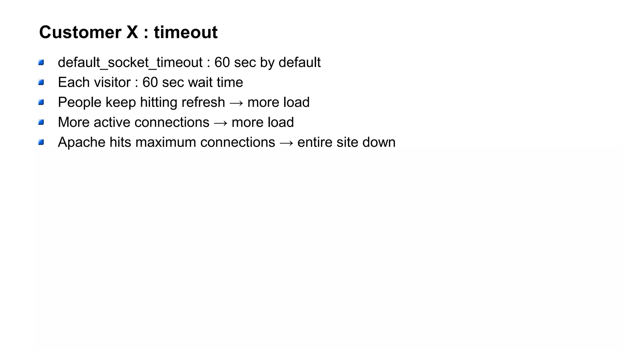 Customer X : timeout
default_socket_timeout : 60 sec by default
Each visitor : 60 sec wait time
People keep hitting refresh → more load
More active connections → more load
Apache hits maximum connections → entire site down
 