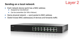 Sending on a local network
Each network device (port) has a MAC address
Assigned by manufacturer
Can be overwritten (for VM or failover)
Same physical network → send packet to MAC address
Switch knows MAC address(es) of devices and forwards traffic
Layer 2
 