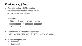 IP addressing (IPv4)
IPv4 addressing = CIDR notation
xxx.xxx.xxx.xxx where 0 <= xxx <= 255
0.0.0.0 → 255.255.255.255
In reality :
8 bits 8 bits 8 bits 8 bits
11000000 00000100 00100000 00000001
192 . 4 . 32 . 1
Total amount of IP addresses available :
256 * 256 * 256 * 256 = 28
* 28
* 28
* 28
= 232
= 4.3 billion
IP networking requires :
IP address
Subnet mask
 