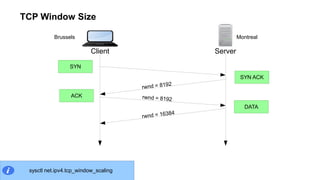 TCP Window Size
Client Server
Brussels Montreal
SYN
SYN ACK
rwnd = 8192
rwnd = 8192
rwnd = 16384
ACK
DATA
sysctl net.ipv4.tcp_window_scaling
 