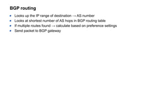 BGP routing
Looks up the IP range of destination → AS number
Looks at shortest number of AS hops in BGP routing table
If multiple routes found → calculate based on preference settings
Send packet to BGP gateway
 