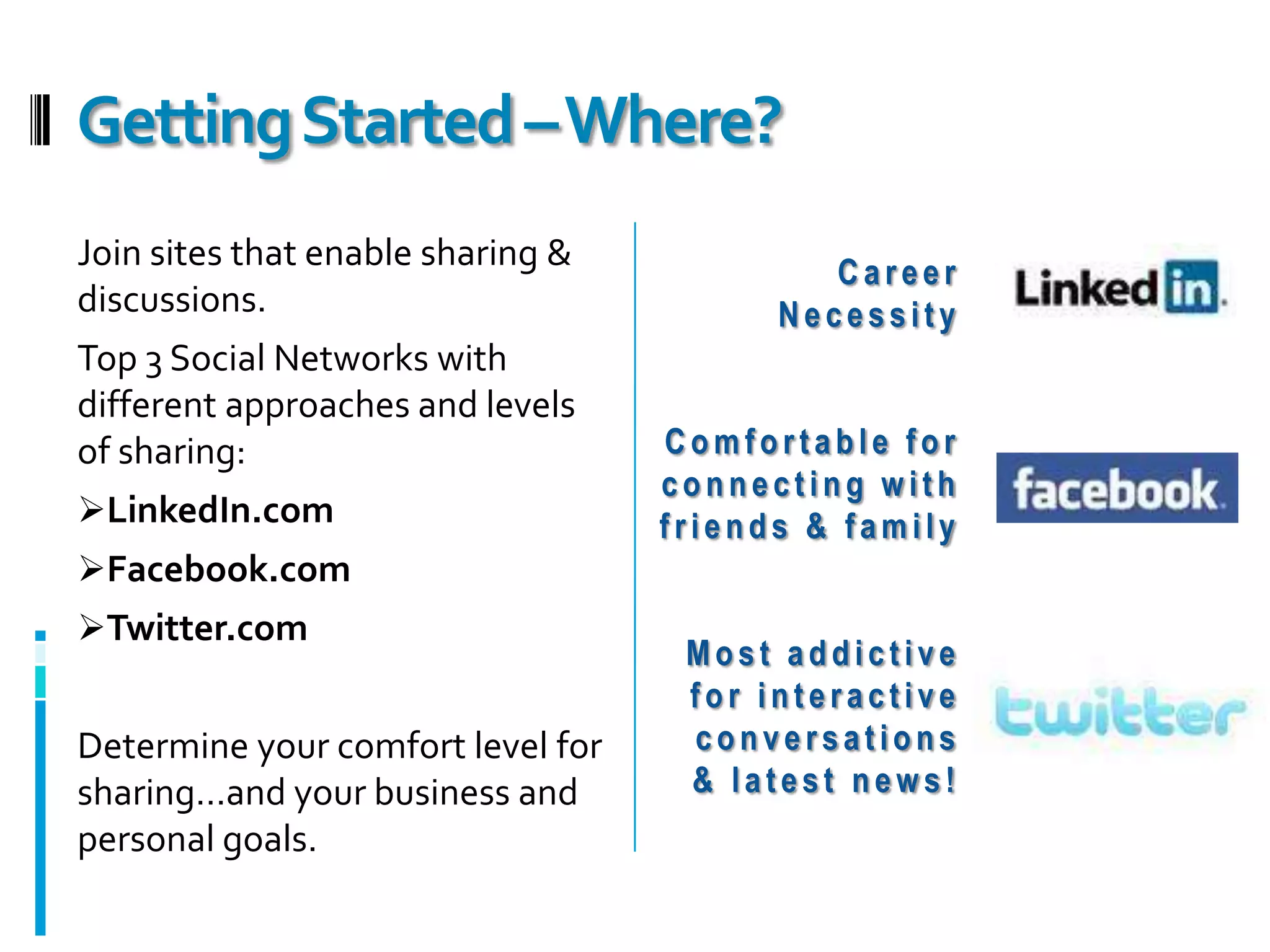 News (StumbleUpon, Digg)Social Media ActivitiesBlogging (Blogger, WordPress)Personal Journal, Interests, Hobbies