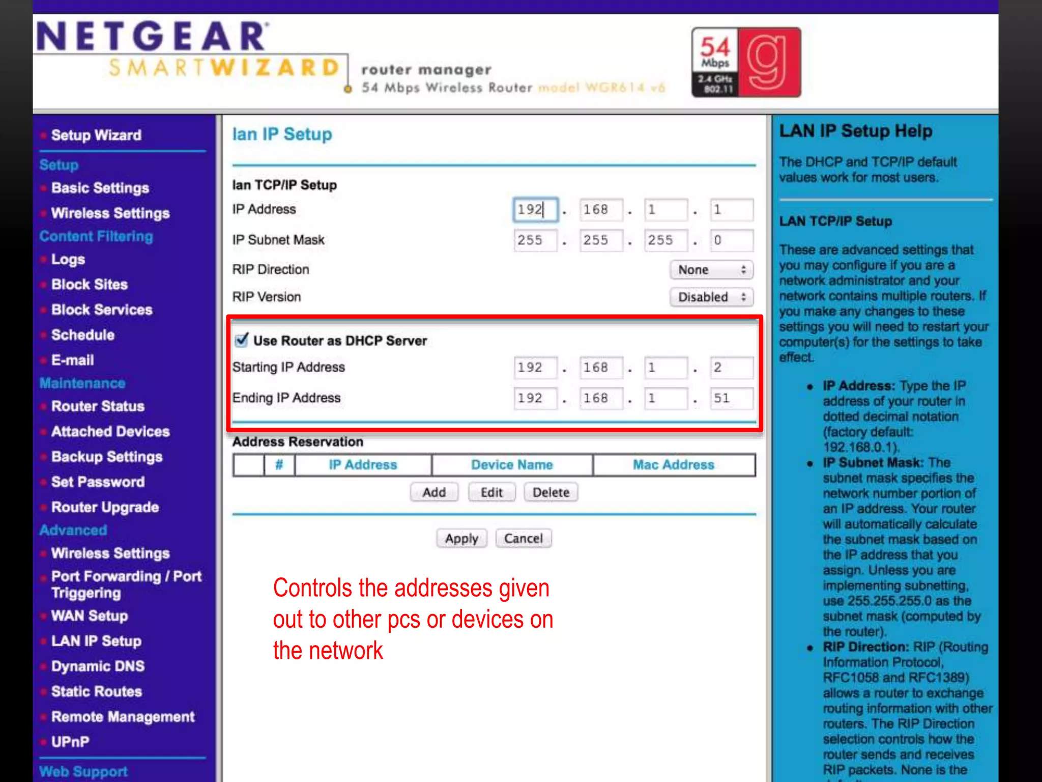 Controls the addresses given
out to other pcs or devices on
the network
 