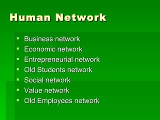 Human Network Business network Economic network  Entrepreneurial network  Old Students network  Social network  Value network  Old Employees network  