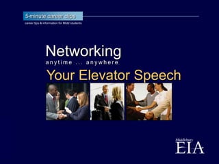 5•minute career clips
                                                          career tips & information for Midd students




                                                                         Networking
                                                                          Your Elevator Speech
                             2009 / all rights reserved
Middlebury Career Services
 