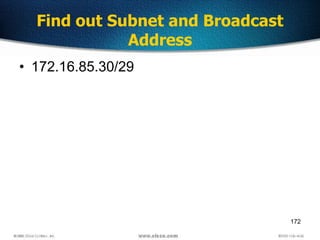 172
Find out Subnet and Broadcast
Address
• 172.16.85.30/29
 