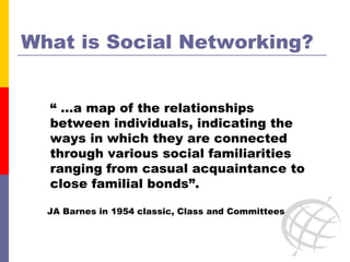 What is Social Networking? “ … a map of the relationships between individuals, indicating the ways in which they are connected through various social familiarities ranging from casual acquaintance to close familial bonds”.  JA Barnes in 1954 classic, Class and Committees 