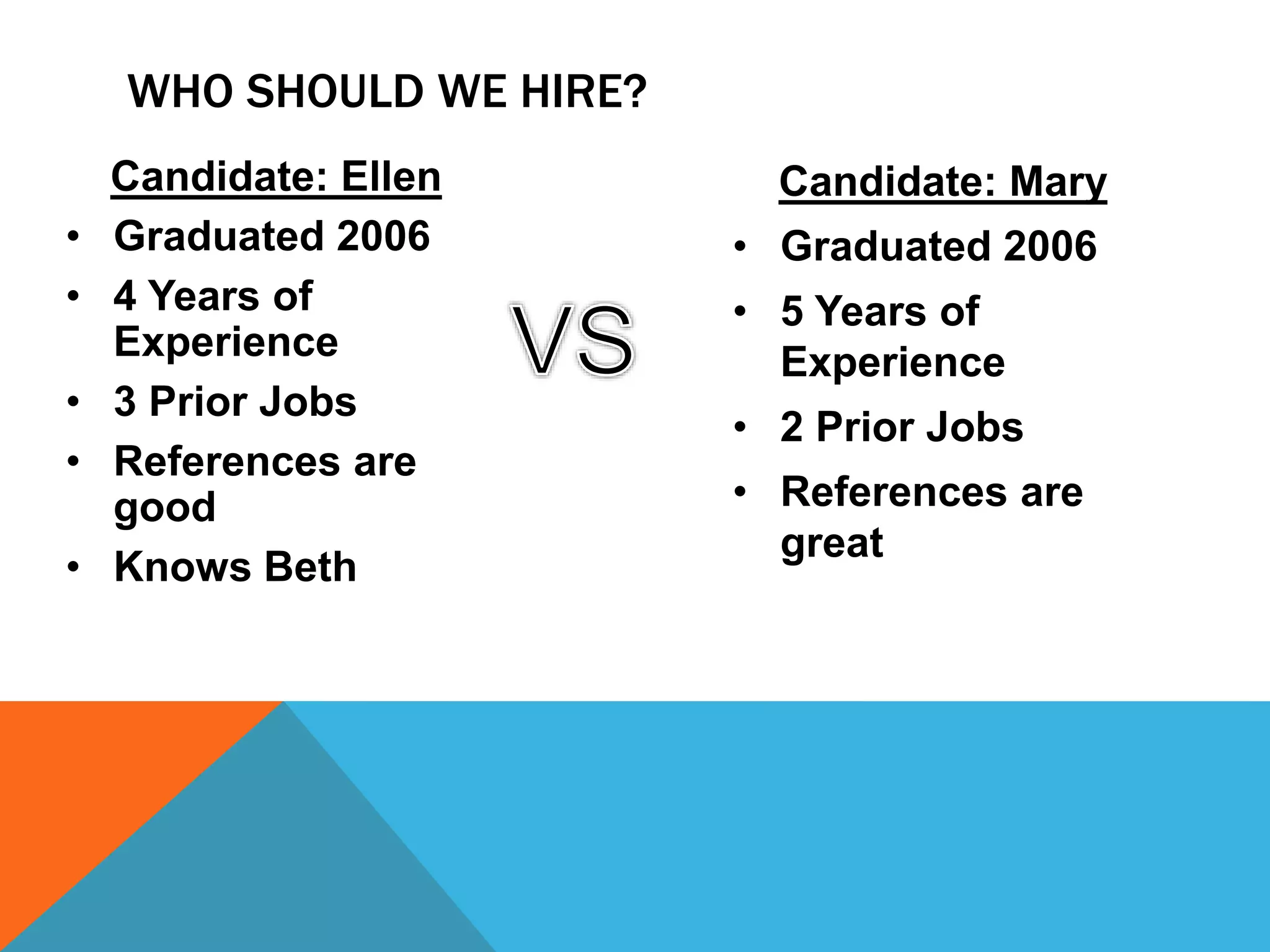 WHO SHOULD WE HIRE?
Candidate: Ellen
• Graduated 2006
• 4 Years of
Experience
• 3 Prior Jobs
• References are
good
• Knows Beth
Candidate: Mary
• Graduated 2006
• 5 Years of
Experience
• 2 Prior Jobs
• References are
great
 