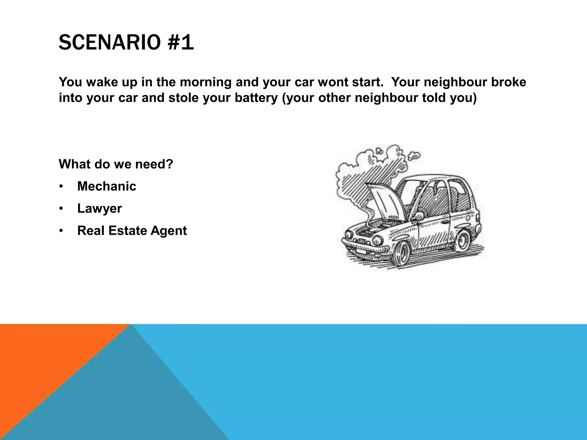 SCENARIO #1
You wake up in the morning and your car wont start. Your neighbour broke
into your car and stole your battery (your other neighbour told you)
What do we need?
• Mechanic
• Lawyer
• Real Estate Agent
 