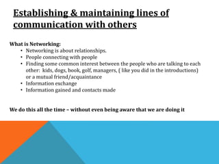 Establishing & maintaining lines of
communication with others
What is Networking:
• Networking is about relationships.
• People connecting with people
• Finding some common interest between the people who are talking to each
other: kids, dogs, book, golf, managers, ( like you did in the introductions)
or a mutual friend/acquaintance
• Information exchange
• Information gained and contacts made
We do this all the time – without even being aware that we are doing it
 