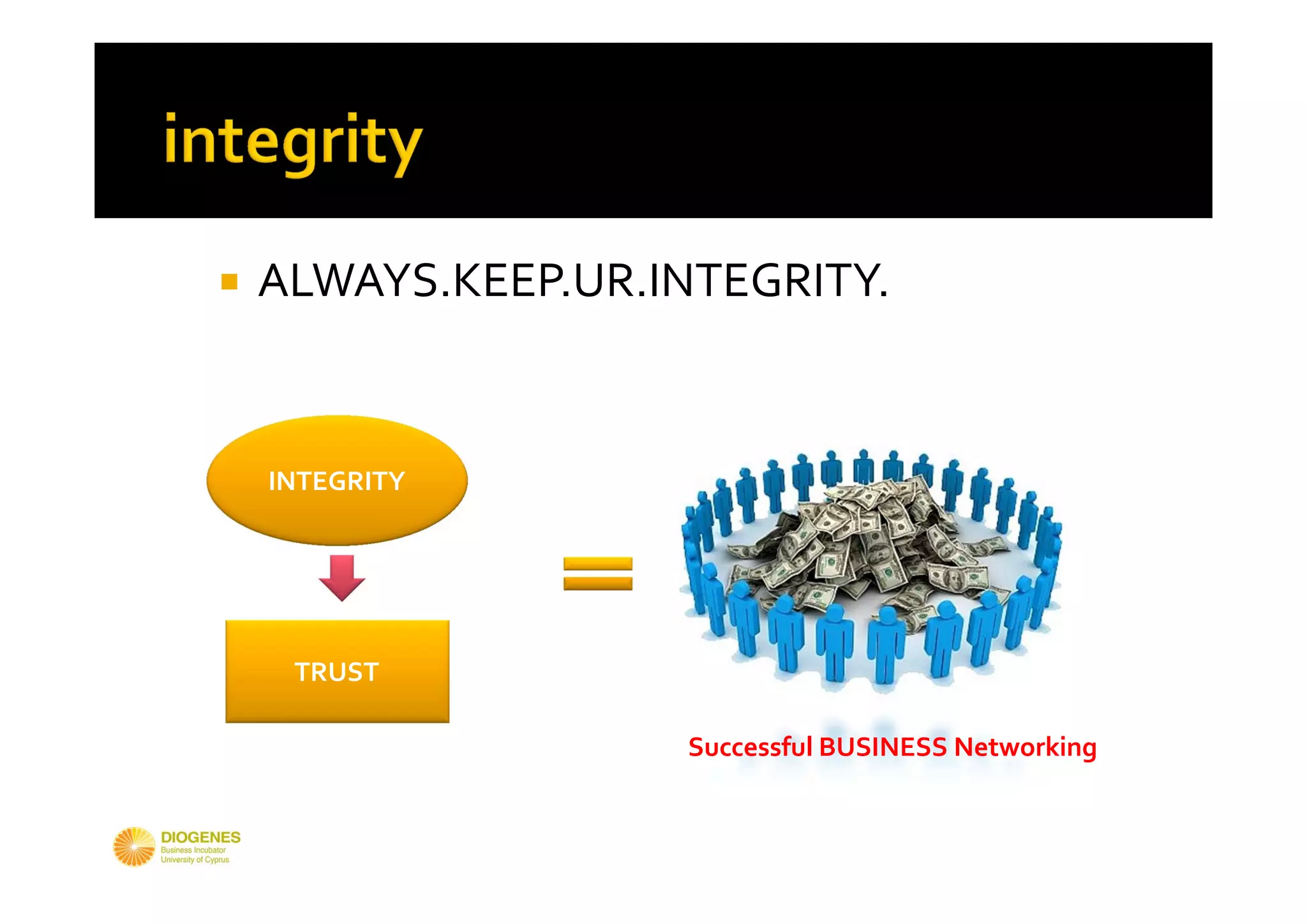    ALWAYS.KEEP.UR.INTEGRITY.


    INTEGRITY




     TRUST

                     Successful BUSINESS Networking
 