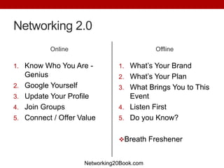 Networking 2.0
            Online                           Offline

1. Know Who You Are -            1. What’s Your Brand
     Genius                      2. What’s Your Plan
2.   Google Yourself             3. What Brings You to This
3.   Update Your Profile            Event
4.   Join Groups                 4. Listen First
5.   Connect / Offer Value       5. Do you Know?


                                 Breath Freshener


                      Networking20Book.com
 