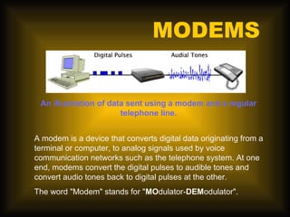 MODEMS


 An illustration of data sent using a modem and a regular
                       telephone line.


A modem is a device that converts digital data originating from a
terminal or computer, to analog signals used by voice
communication networks such as the telephone system. At one
end, modems convert the digital pulses to audible tones and
convert audio tones back to digital pulses at the other.
The word "Modem" stands for "MOdulator-DEModulator".
 