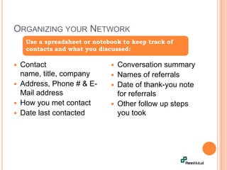 Organizing your NetworkContact name, title, company