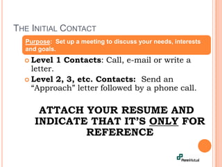 The Initial ContactPurpose:  Set up a meeting to discuss your needs, interests and goals.Level 1 Contacts: Call, e-mail or write a letter.Level 2, 3, etc. Contacts:  Send an “Approach” letter followed by a phone call.ATTACH YOUR RESUME AND INDICATE THAT IT’S ONLY FOR REFERENCE
