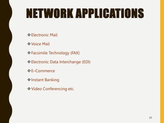 NETWORK APPLICATIONS
Electronic Mail
Voice Mail
Facsimile Technology (FAX)
Electronic Data Interchange (EDI)
E–Commer...
