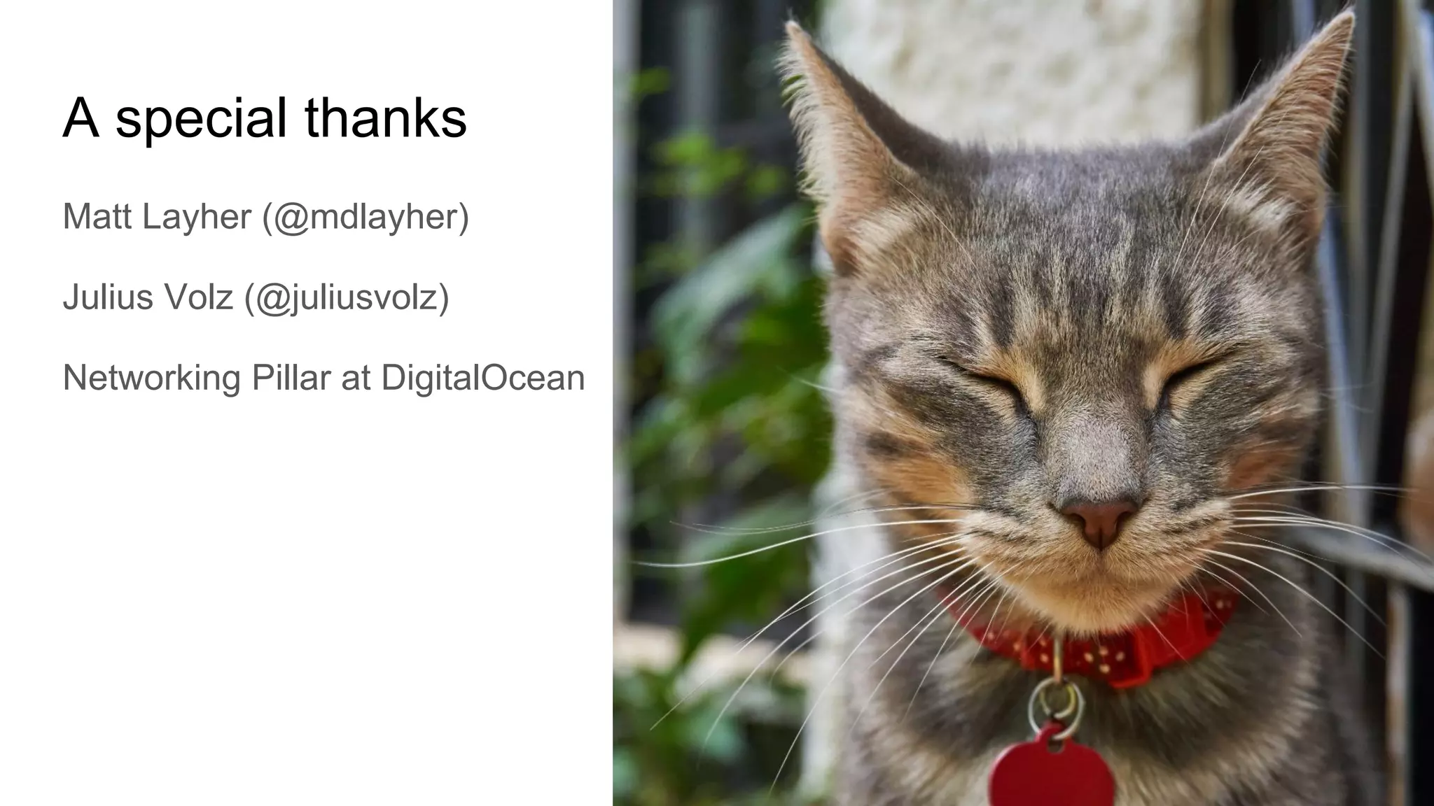 A special thanks
Matt Layher (@mdlayher)
Julius Volz (@juliusvolz)
Networking Pillar at DigitalOcean
 
