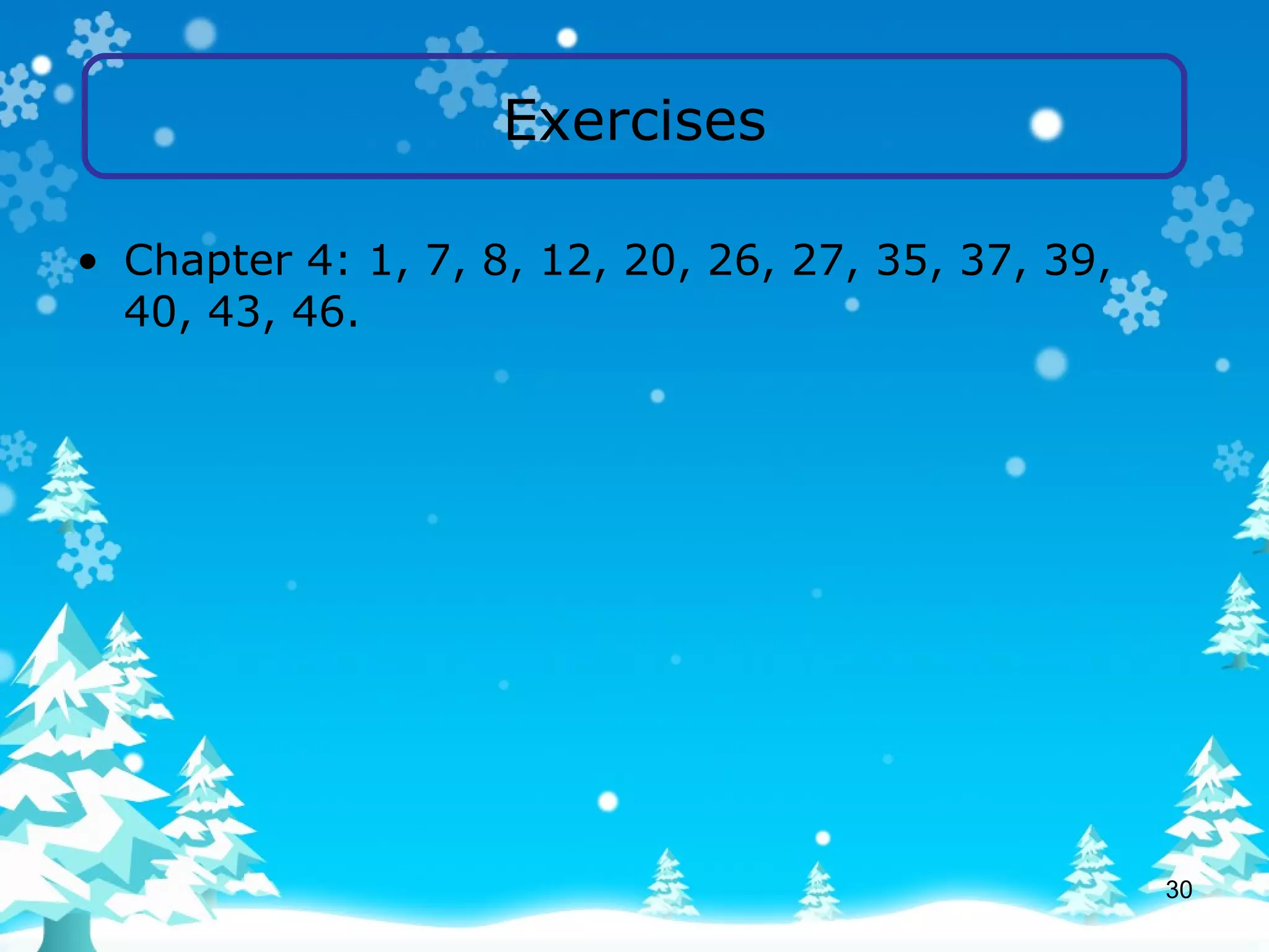 Exercises Chapter 4: 1, 7, 8, 12, 20, 26, 27, 35, 37, 39, 40, 43, 46.  