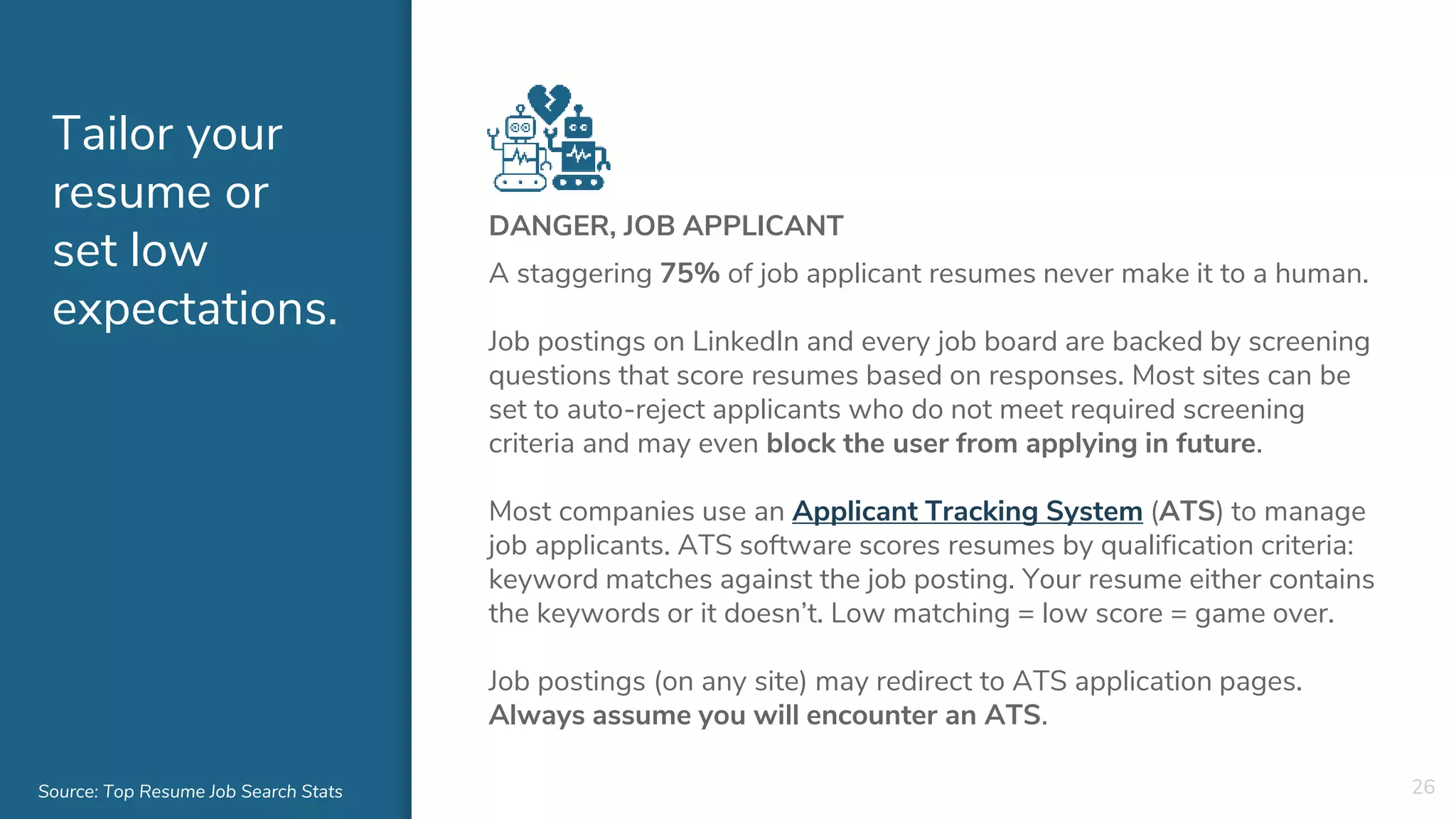 Tailor your
resume or
set low
expectations.
DANGER, JOB APPLICANT
A staggering 75% of job applicant resumes never make it to a human.
Job postings on LinkedIn and every job board are backed by screening
questions that score resumes based on responses. Most sites can be
set to auto-reject applicants who do not meet required screening
criteria and may even block the user from applying in future.
Most companies use an Applicant Tracking System (ATS) to manage
job applicants. ATS software scores resumes by qualification criteria:
keyword matches against the job posting. Your resume either contains
the keywords or it doesn’t. Low matching = low score = game over.
Job postings (on any site) may redirect to ATS application pages.
Always assume you will encounter an ATS.
26Source: Top Resume Job Search Stats
 