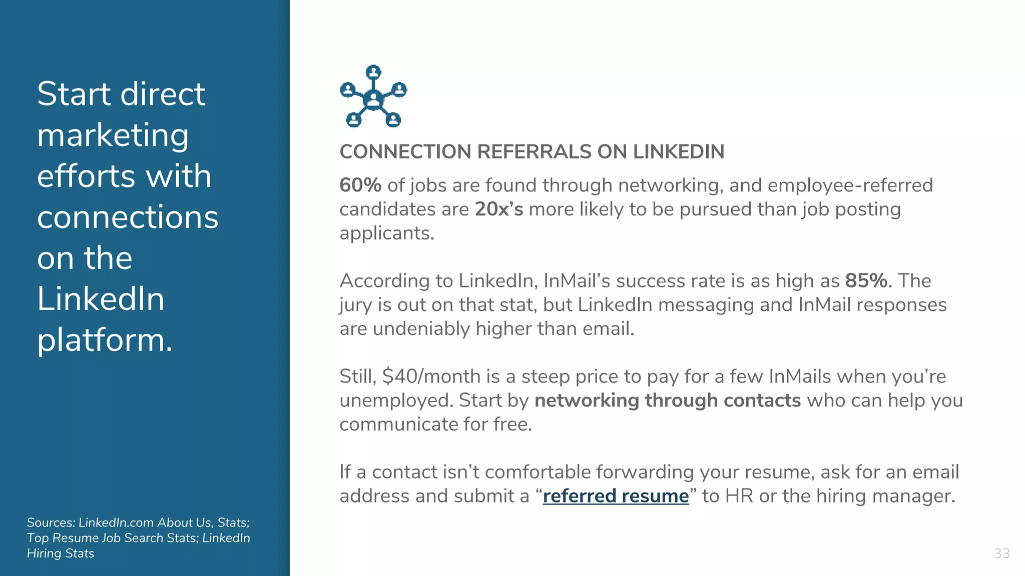 Start direct
marketing
efforts with
connections
on the
LinkedIn
platform.
CONNECTION REFERRALS ON LINKEDIN
60% of jobs are found through networking, and employee-referred
candidates are 20x’s more likely to be pursued than job posting
applicants.
According to LinkedIn, InMail’s success rate is as high as 85%. The
jury is out on that stat, but LinkedIn messaging and InMail responses
are undeniably higher than email.
Still, $40/month is a steep price to pay for a few InMails when you’re
unemployed. Start by networking through contacts who can help you
communicate for free.
If a contact isn’t comfortable forwarding your resume, ask for an email
address and submit a “referred resume” to HR or the hiring manager.
Sources: LinkedIn.com About Us, Stats;
Top Resume Job Search Stats; LinkedIn
Hiring Stats 33
 