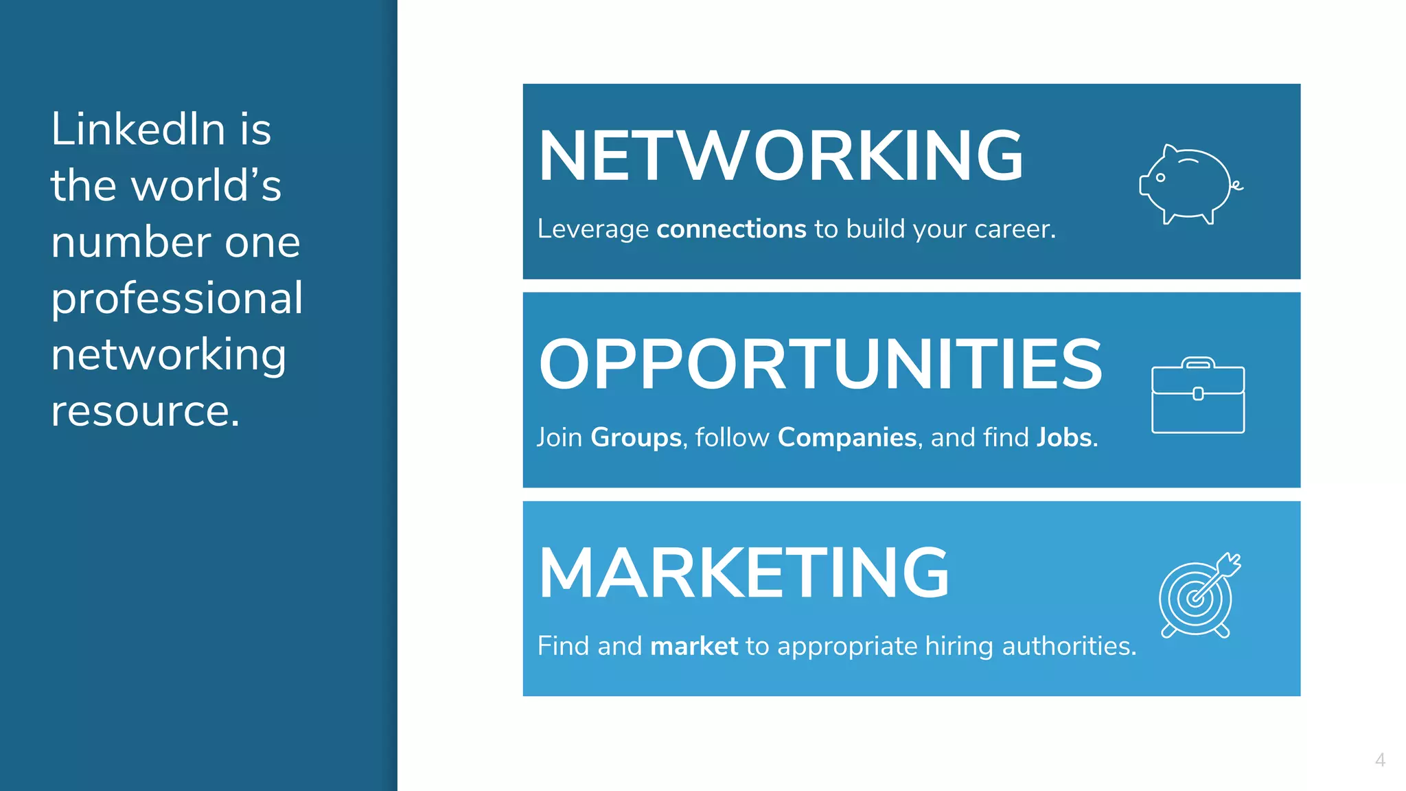 4
LinkedIn is
the world’s
number one
professional
networking
resource.
NETWORKING
Leverage connections to build your career.
OPPORTUNITIES
Join Groups, follow Companies, and find Jobs.
MARKETING
Find and market to appropriate hiring authorities.
 